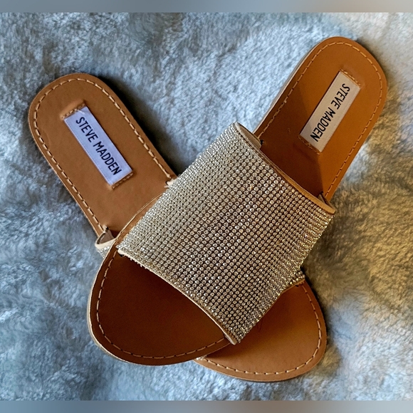 Steve Madden Shoes - Steve Madden Women's Rhinestone Slide Sandals - Silver and Tan